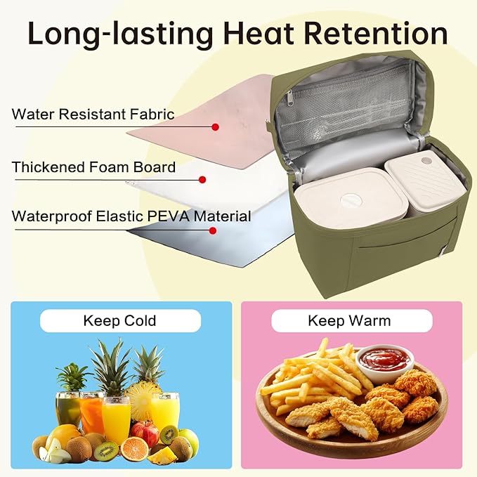 Insulated Lunch Bag for Men Women Leakproof Lunch Cooler Bag Adult Portable Lunch Box Bag with Adjustable Strap Lunch Box for Office Picnic Army Green