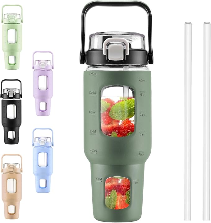 BLUEGO 40 oz Glass Water Bottles with Straw Time Marker, Glass Tumbler with Handle Top Lids, Easy to Clean, Fits in Car Cup Holder, Leakproof Jug for Gym, Sports, Workout & Daily, Olive