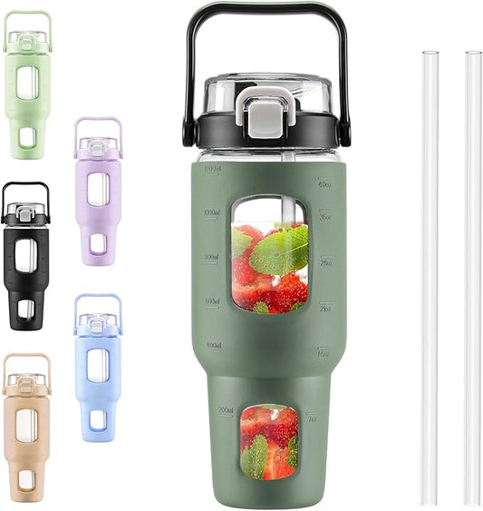 BLUEGO 40 oz Glass Water Bottles with Straw Time Marker, Glass Tumbler with Handle Top Lids, Easy to Clean, Fits in Car Cup Holder, Leakproof Jug for Gym, Sports, Workout & Daily, Olive