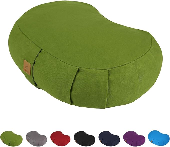 Crescent Zafu Meditation Pillow, D=17" W=11" H=5.5" Zabuton Yoga Bolster, Meditation Cushion, Floor Pouf Yoga Pillow Zippered Organic Cotton Cover Natural Buckwheat kneeling pillow - Large