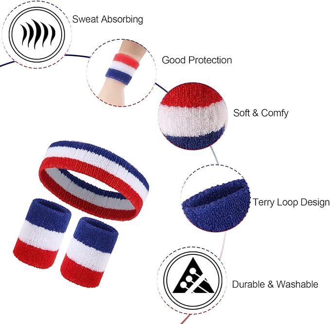 18 Pcs Sweatbands Headband Wristband Set Colorful Striped Terry Cloth Sports Athletic Gym 80s Sweat Headbands