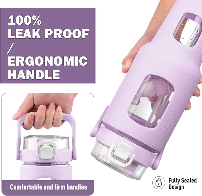 BLUEGO 40 oz Glass Water Bottle with Straw, Leakproof and Time Marker, Wide Mouth for Travel, Gym, Workout, Purple