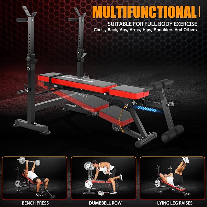 OPPSDECOR 6 in 1 660lbs Weight Bench with Leg Extension and Leg Curl, Foldable Bench Press Set and Squat Barbell Rack with Preacher Curl, Adjustable Workout Bench for Home Gym Strength Training PXZXYX1