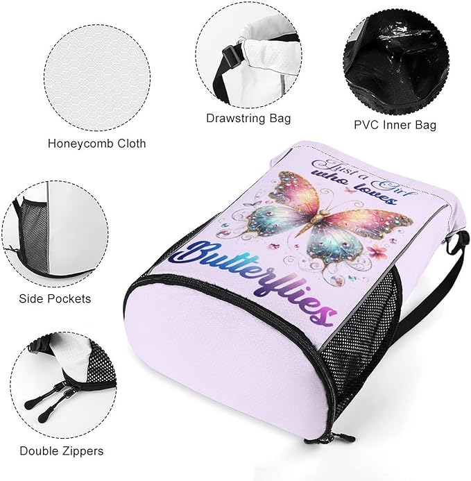 Butterfly Drawstring Backpack - Cute Cinch Sack, String Backpacks with Pocket for Kids Boys Girls Women Men for Gym Outdoor Sports Travel Athletic Drawstring Bag - Lightweight/Foldable