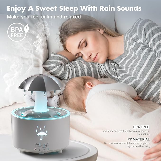Rain Umbrella Humidifier,Essential Oil Aroma Diffuser with Soothing Rain Sounds,Water Drip Effect,7 Colors Mood Lights,Remote Control, Timer and Auto-Off, Raindrops Relaxing Sound for Deep Sleep