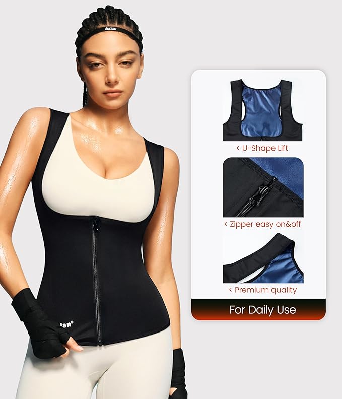 Junlan Sauna Suit for Women Waist Trainer Vest for Women Sweat Tank Top Shaper for Women with Zipper