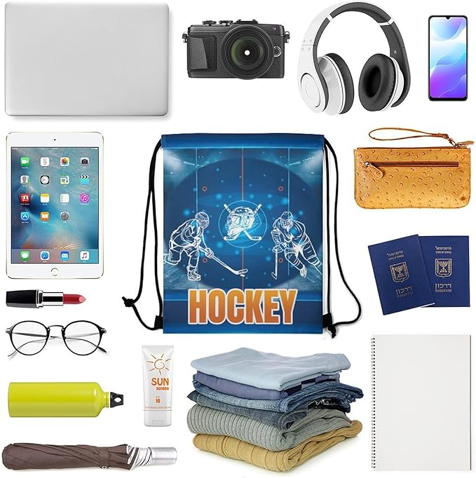 Hockey Drawstring Backpack - Cool Cinch Sack, String Backpacks for Kids Women Men Boys Girls for Gym Outdoor Sports Travel Athletic Drawstring Bag - Lightweight/Foldable