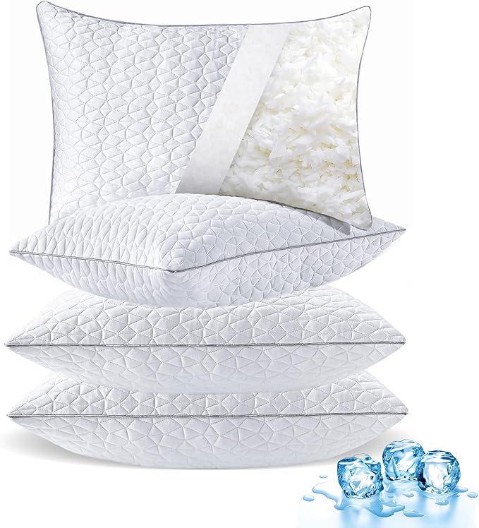 Cooling Pillows King Size Set of 4, Shredded Memory Foam Pillows, Adjustable Firm Bed Pillows Cool Cold Pillow for Hot Side Back Stomach Sleepers with Removable Washable Cover, 20" x 36", White