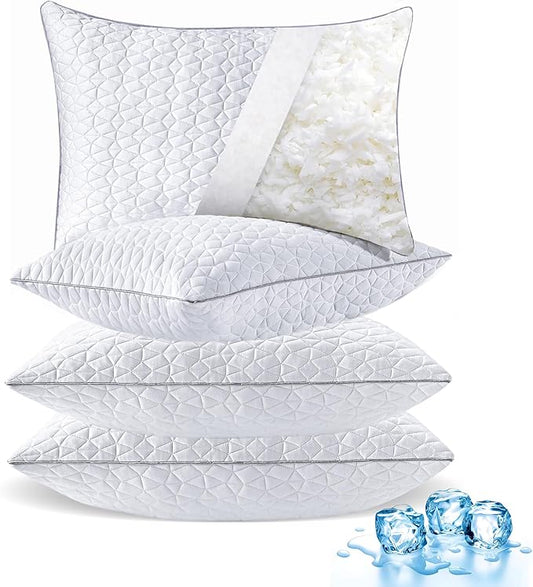 Cooling Pillows King Size Set of 4, Shredded Memory Foam Pillows, Adjustable Firm Bed Pillows Cool Cold Pillow for Hot Side Back Stomach Sleepers with Removable Washable Cover, 20" x 36", White
