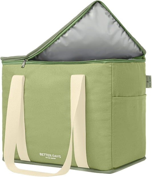 Nook Theory Reusable Insulated Grocery Bag - Leak Proof, X Large Insulated Cooler Bag - Insulated Shopping Bags for Groceries - Travel Cooler Bag for Frozen and Hot Food with Zippered Top (Sage)