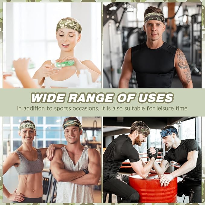 18 Pcs Sports Sweatbands for Men Women Camo Headbands Workout Non Slip Headbands Breathable Head Band Fitness Stretchy Unisex Hairband for Yoga Running Cycling Ball