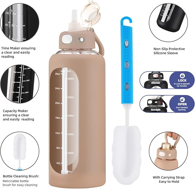 SIEROZUR 32 Glass Water Bottle with Straw and Handle Motivational Water Bottles with Silicone Sleeve and Time Marker Leakproof Borosilicate Water Bottle for Gym Home Office