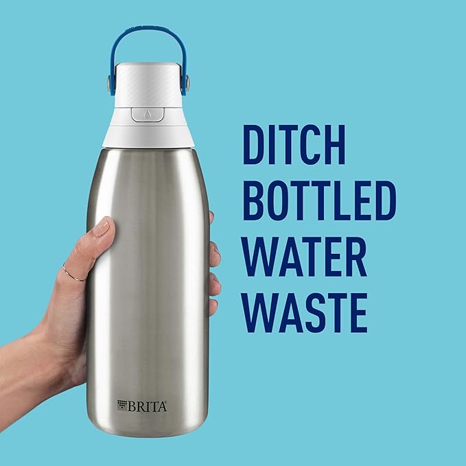 Brita Stainless Steel Premium Filtering Water Bottle, BPA-Free, Reusable, Insulated, Replaces 300 Plastic Water Bottles, Filter Lasts 2 Months or 40 Gallons, Includes 1 Filter, Stainless - 32 oz.