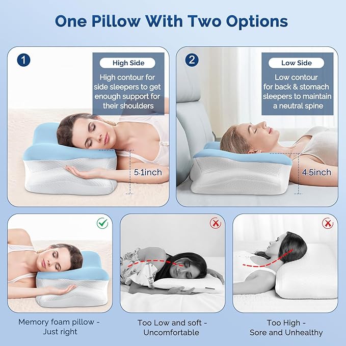 Cervical Neck Pillow, Ergonomic Side Sleeper Pillow for Neck Support, Cooling Memory Foam Pillows for Sleeping, Contour Orthopedic Bed Pillows for Side Back Stomach Sleepers with Removable Pillowcase