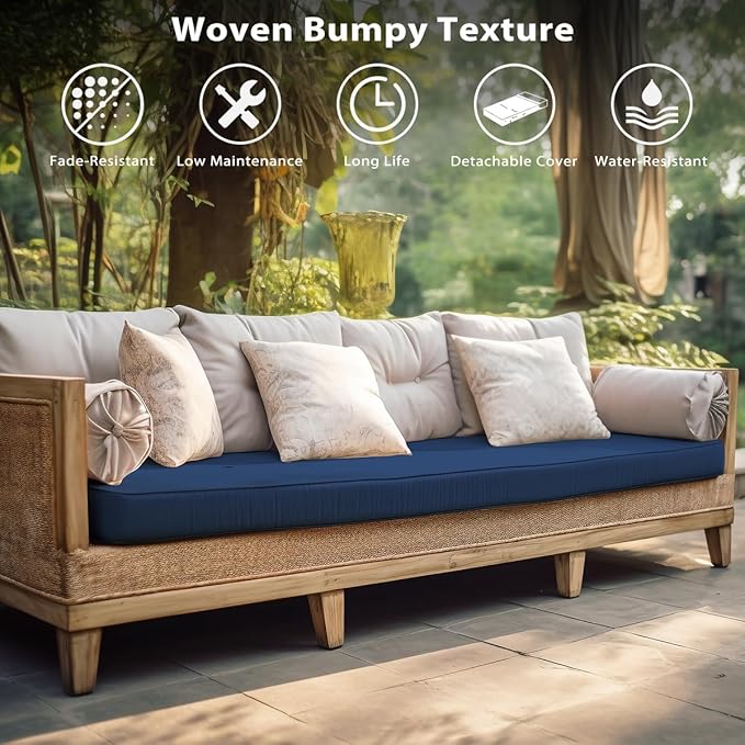 Sundale Outdoor Olefin Bench Cushion， Water-Resistant Patio Couch Cushion, Loveseat Sofa Pad with Straps Dark Blue, 42 x 18 x 4 Inches