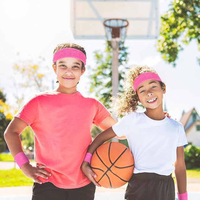 Bememo 36 Pcs Neon Sweatbands Set for Kids Bulk Sports Headband Wristband Set Cotton Terry Basketball Tennis for Students Youth 80s 90s Halloween Costumes Cosplay Glow Party