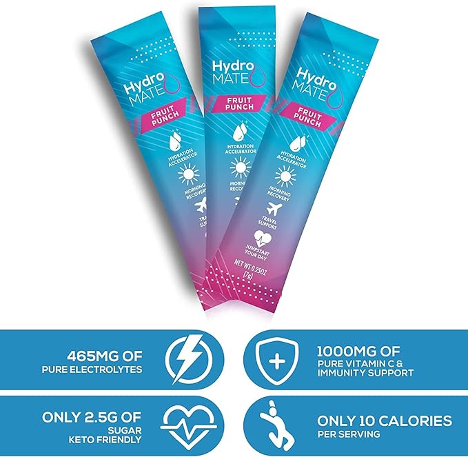 HydroMATE Electrolyte Powder Fruit Punch Hydration Packets Low Sugar 30 Count