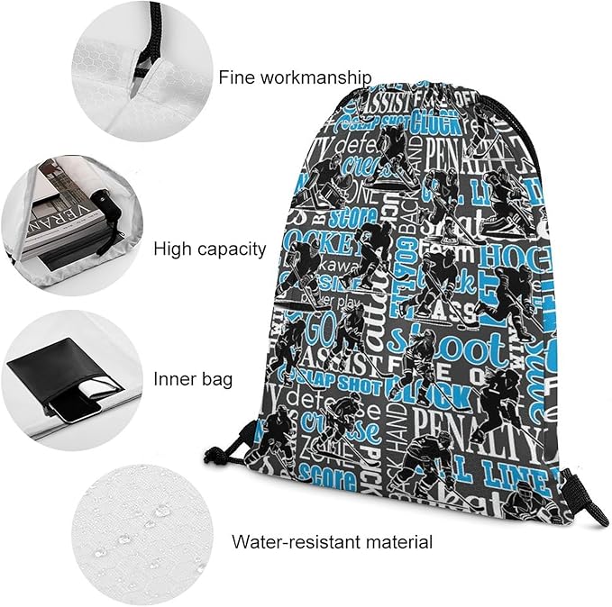 Hockey Drawstring Backpack - Cool Cinch Sack, String Backpacks for Kids Women Men Boys Girls for Gym Outdoor Sports Travel Athletic Drawstring Bag - Lightweight/Foldable