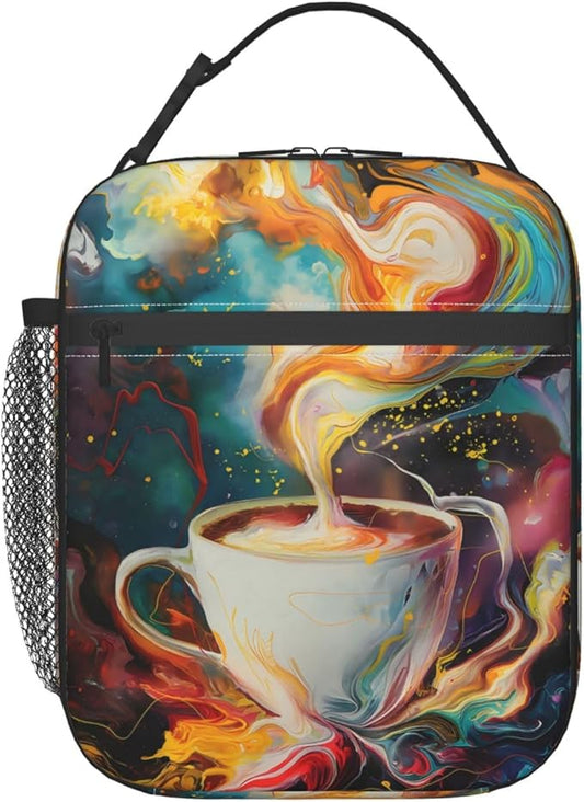 Insulated Lunch Box for Women Men, Coffee Cup Theme Lunch Box Reusable Portable Lunch Bag Cooler Tote Waterproof Lunch Container for Office Picnic Work Travel Hiking