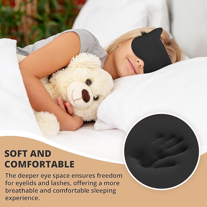 3D Kids Sleep Eye Mask: 3D Contoured Cup Sleeping Masks, Blindfold Sleep Eye Cover with Adjustable Strap, Memory Foam Lightweight Night Eyeshade for Boys Girls Teens (Black)