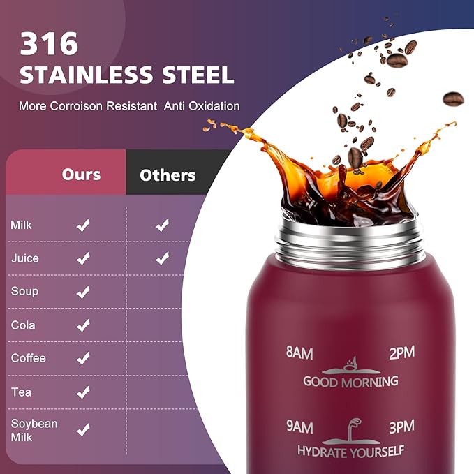 Insulated Water Bottle 32oz with 2Lids(Straw Lid & Spout Lid), 1L Double Walled Water Bottle with Time Marker, 1000ml Stainless Steel Metal Flask for Fitness, Gym and Outdoor RED BLACK