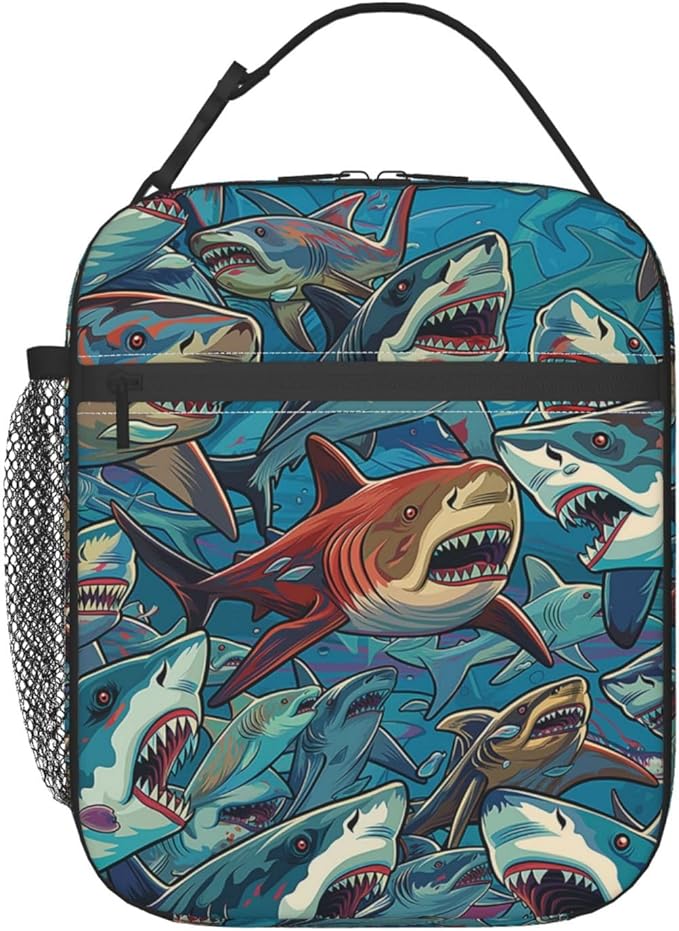 Cool Cartoon Shark Print Insulated Lunch Box Gifts for Kids Adults Colorful Marine Life Design Reusable Portable Lunchbox Cooler Lunchbag for Work Picnic School Travel or Hiking