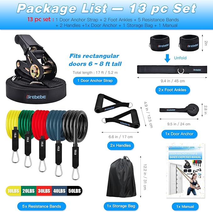 Brebebe Upgrade Door Anchor for Resistance Bands Exercise, Multi Points Anchor With 7 Loops + 7 D Rings, Home Gym Workout Equipment With Ratchet Adjust Tighten Strap, Not Loose, Sturdy