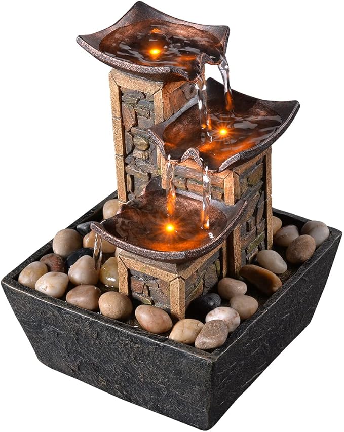 GOSSI Indoor 3-Tier Relaxation Tabletop Fountain Simulation Stone Pillar Water Fountain Soothing Sound Meditation Fountain with Natural River Rocks and Reflective Lighting Feature