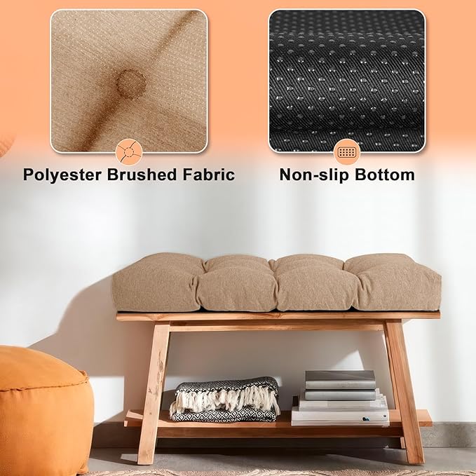 Bench Cushion 48 Inch - Polyester Brushed, High-Density Foam, Non-Slip Bottom, Soft Durable Indoor Tufted Long Seat Cushion for Window Garden Furniture (Light Brown, 48x16x4 Inch)