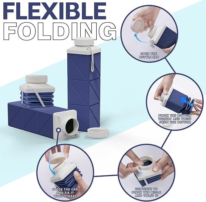 24oz Collapsible Water Bottles 2pcs,Food grade BPA Free Reusable Foldable Water Bottle Lightweight LeakProof for Travel Hiking Camping Gym Outdoor Sport,Collapses Folding Water Bottle 2pack