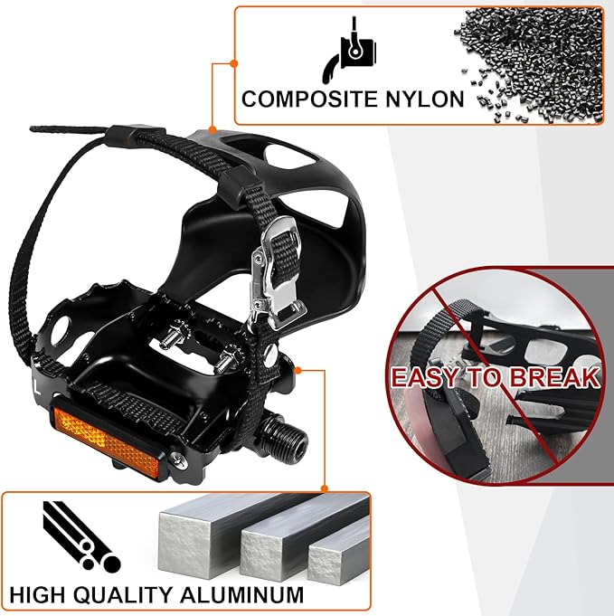 Bucklos Bike Pedals with Toe Cages and Straps - Bicycle Toe Clips Cage Compatible with Road Bike/Peloton/Mountian Bikes/MTB - Toe Clip Pedal for Wide Shoes Indoor Outdoor Cycling