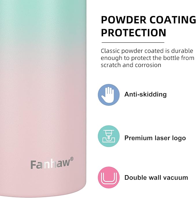 Fanhaw 24 Oz Stainless Steel Insulated Sports Water Bottles with Straw for Kids, Men and Women (Green Pink)