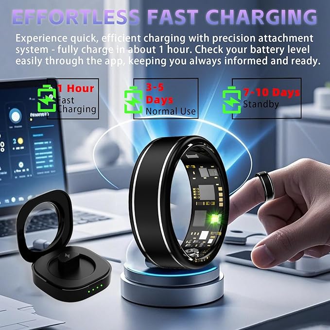 Smart Ring for Men Women – Fitness Tracker Ring with Heart Rate, SpO2, Blood Pressure, Sleep Monitoring, Step & Calorie Counter, No Subscription Fee, iOS & Android Compatible (Black, 10)