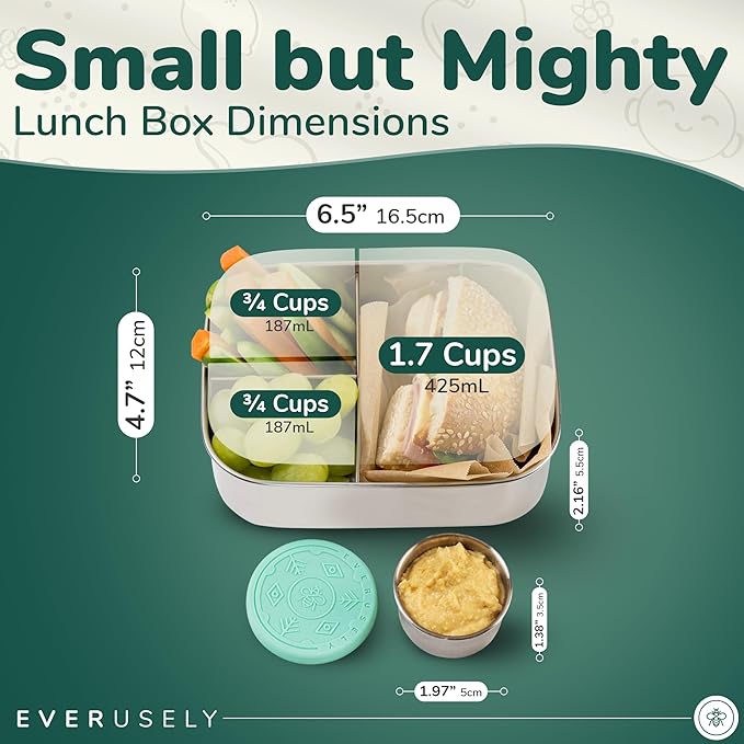 Everusely - Bento Box - Green, 27oz / 0.8 L - Stainless Steel Lunch Box with Leakproof Condiment Container - 3 Compartment Snack Organizer for On the Go Meals - Freezer & Dishwasher Safe