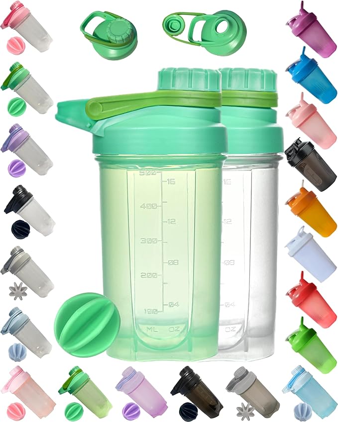 A Stylish Green Protein Shaker BPA Free for Gym w. Plastic Blender Whisk,No Metal Parts,Moden Loop Top,Dishwasher Safe,Leak Proof,Protein Powder/Fruit Juice Mixer 16oz(Green)