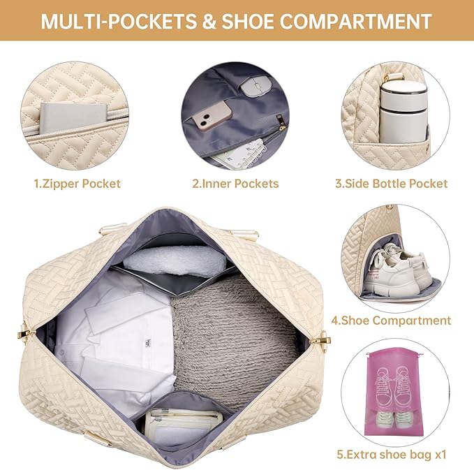 Duffle Bag for Travel, Weekender Bag with Shoe Compartment, Carry On Overnight Bag for Women with Toiletry Bag, Gym Bag with Wet Pocket, Hospital Bags for Labor and Delivery Beige