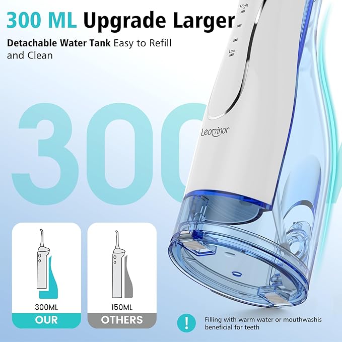 Leominor Water Dental Flosser Pick for Teeth, 300ML Portable Oral Irrigator Upgraded Tank Removable,IPX7 Waterproof, Rechargeable Travel Teeth Cleaner, Professional Electric Flossing (Blue White)
