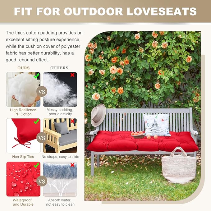 Outdoor Bench Cushion 60inches Waterproof & Fade Resistant Patio Furniture Cushions Tufted Fresh Porch Swing Lounger Loveseat Pads with Straps(Red-60x20in)