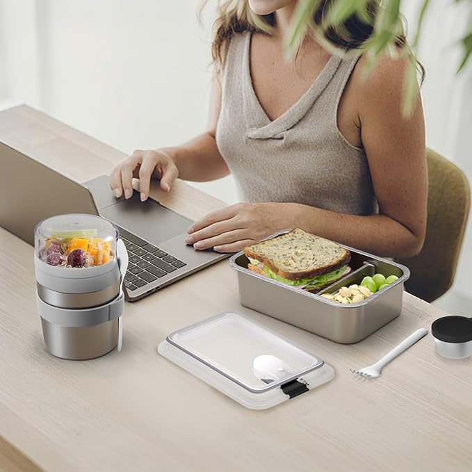 Stainless Steel Bento Lunch Box Set for Adult - 42oz Leak-Proof Bento Lunch Box Container with Thermo, Insulated Bag for Work Travel Dining Out