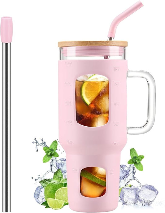 Glass Tumbler with Straw and Lid, 40 oz glass cup with handle, Glass Water Bottles with Time Marker, Silicone Protective Sleeve-Pink