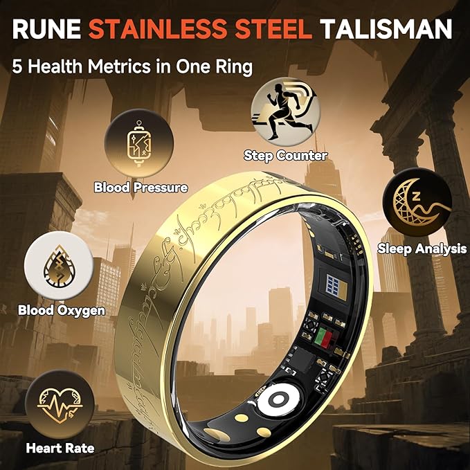 Ultra Smart Ring for Women Men,Health Fitness Tracker with Sleep/Blood Pressure/Oxygen Monitoring, Heart Rate & Activity Tracking,IP68 Waterproof, 5+Day Battery,No Subscription Fee 1-Gold 11 FRAY