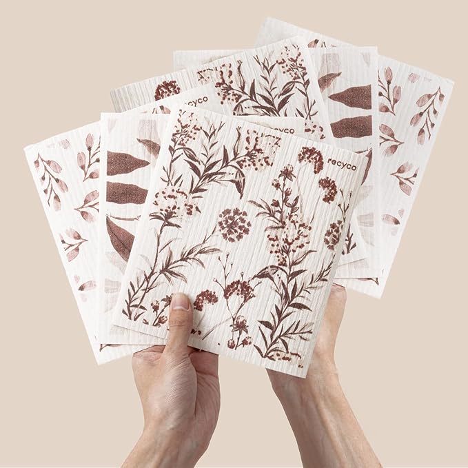 RECYCO Swedish Dishcloths for Kitchen | 6 Pack Watercolor Florals Washable Dish Rags | Cellulose Reusable Cleaning Paper Towels | Absorbent Counter Dish Cloth Sponge Kitchen Wipes, 8" L x 7" W