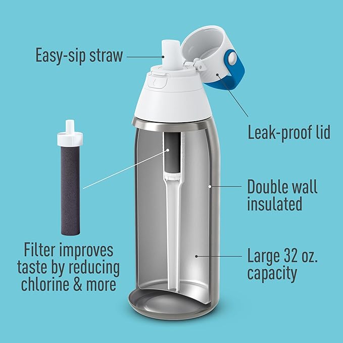 Brita Stainless Steel Premium Filtering Water Bottle, BPA-Free, Reusable, Insulated, Replaces 300 Plastic Water Bottles, Filter Lasts 2 Months or 40 Gallons, Includes 1 Filter, Stainless - 32 oz.