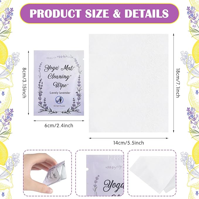 100 Pcs Yoga Mat Wipes, Lavender, Individually Wrapped Wipes, No Slippery Residue, Deep-cleansing for Mat, Fitness Gear & Gym Equipment Cleaner, 7inch*5.5inch