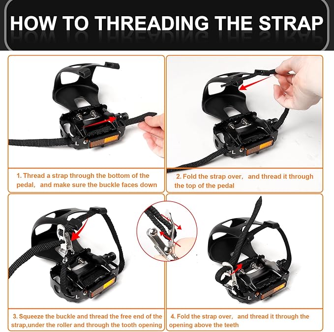 Bucklos Bike Pedals with Toe Cages and Straps - Bicycle Toe Clips Cage Compatible with Road Bike/Peloton/Mountian Bikes/MTB - Toe Clip Pedal for Wide Shoes Indoor Outdoor Cycling