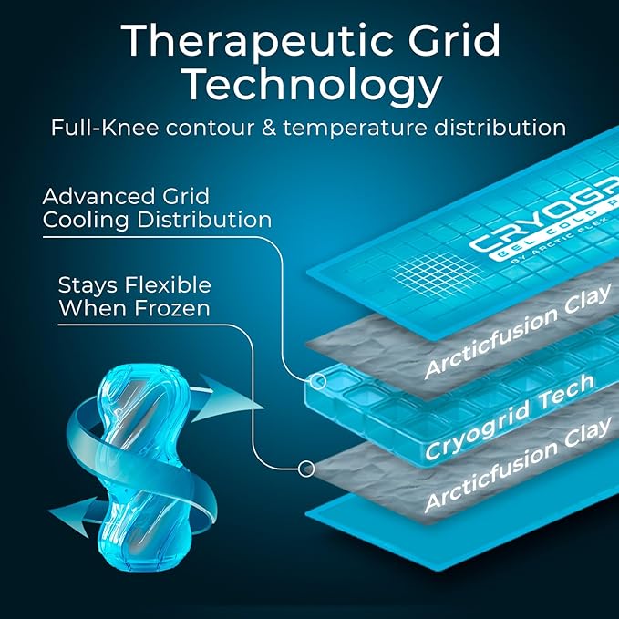 Cryogrid Knee Ice Pack Wrap - Reusable Cold Therapy Knee Ice Brace for Pain Relief, Swelling, Surgery Recovery, Arthritis, Patella & Meniscus Tear - Adjustable Compression Clay/Gel Wrap for Injuries