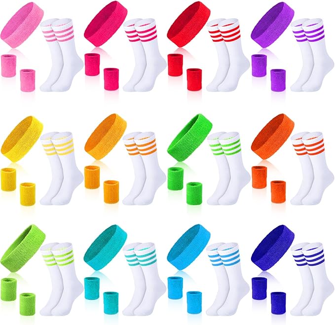 Hillban 80s Workout Outfit 80s Accessories for Women Men Neon Sweatbands Headbands for Tennis Volleyball Sport