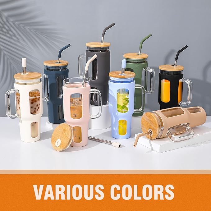 Glass Tumbler with Lid and Straw, 46 oz Iced Coffee Cup with Handle, Large Water Bottles with Silicone Sleeve, Glass Cup with Straws - Pearl Straw & Drinking Straw BPA Free-Grey