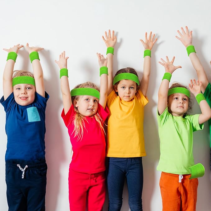 Bememo 36 Pcs Neon Sweatbands Set for Kids Bulk Sports Headband Wristband Set Cotton Terry Basketball Tennis for Students Youth 80s 90s Halloween Costumes Cosplay Glow Party