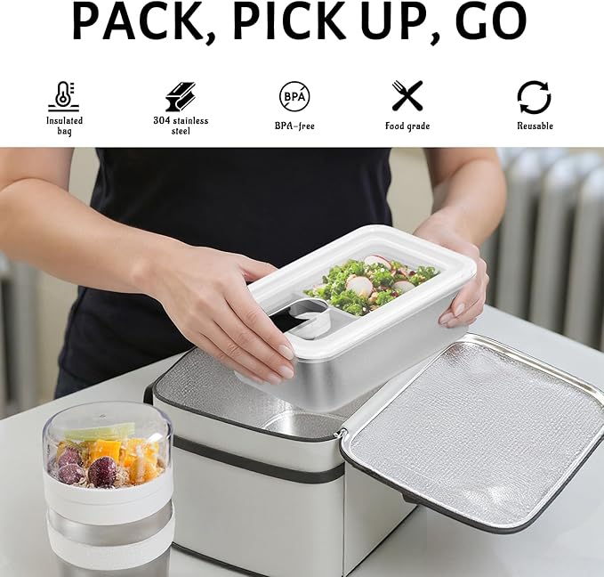 Stainless Steel Bento Lunch Box Set for Adult - 42oz Leak-Proof Bento Lunch Box Container with Thermo, Insulated Bag for Work Travel Dining Out